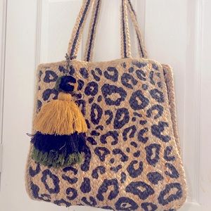 LEOPARD HANDWOVEN JUTE BROWN TOTE WITH TASSEL